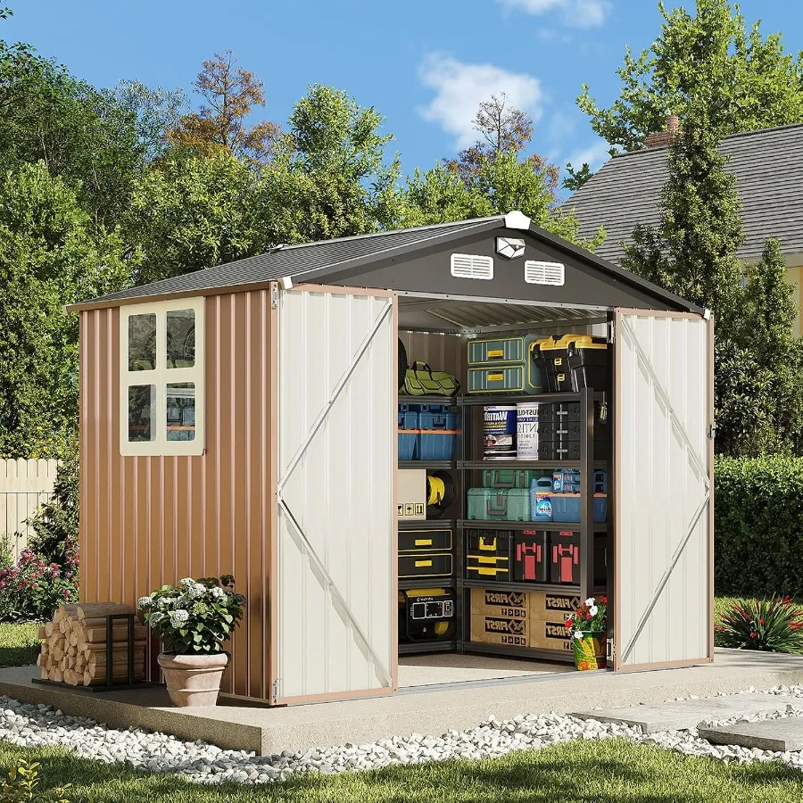 Feet Outdoor Storage Shed, Tool Shed with Sloping Roof and Lockable Door, Galvanized Metal Shed for Backyard Garden Patio Lawn,