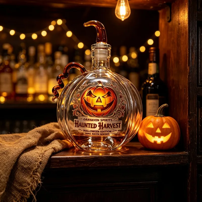 Clear Glass Pumpkin Shape Liquor Decanter, Halloween Decor Whiskey Wine Bottle, Unique Glass Carafe for Bar Display & Holiday