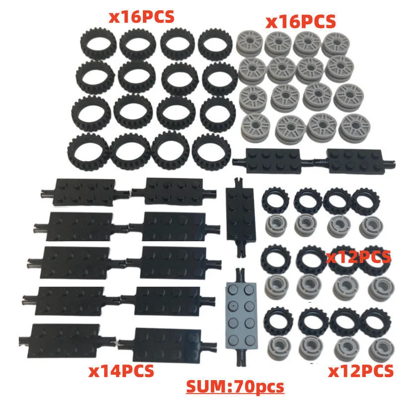 70 Peças de Blocos de Montar Rodas Pneus MOC Peças e Acessórios para Veículos de Pista de Carro 40687 42610 92402 61254 56902 Compatíveis