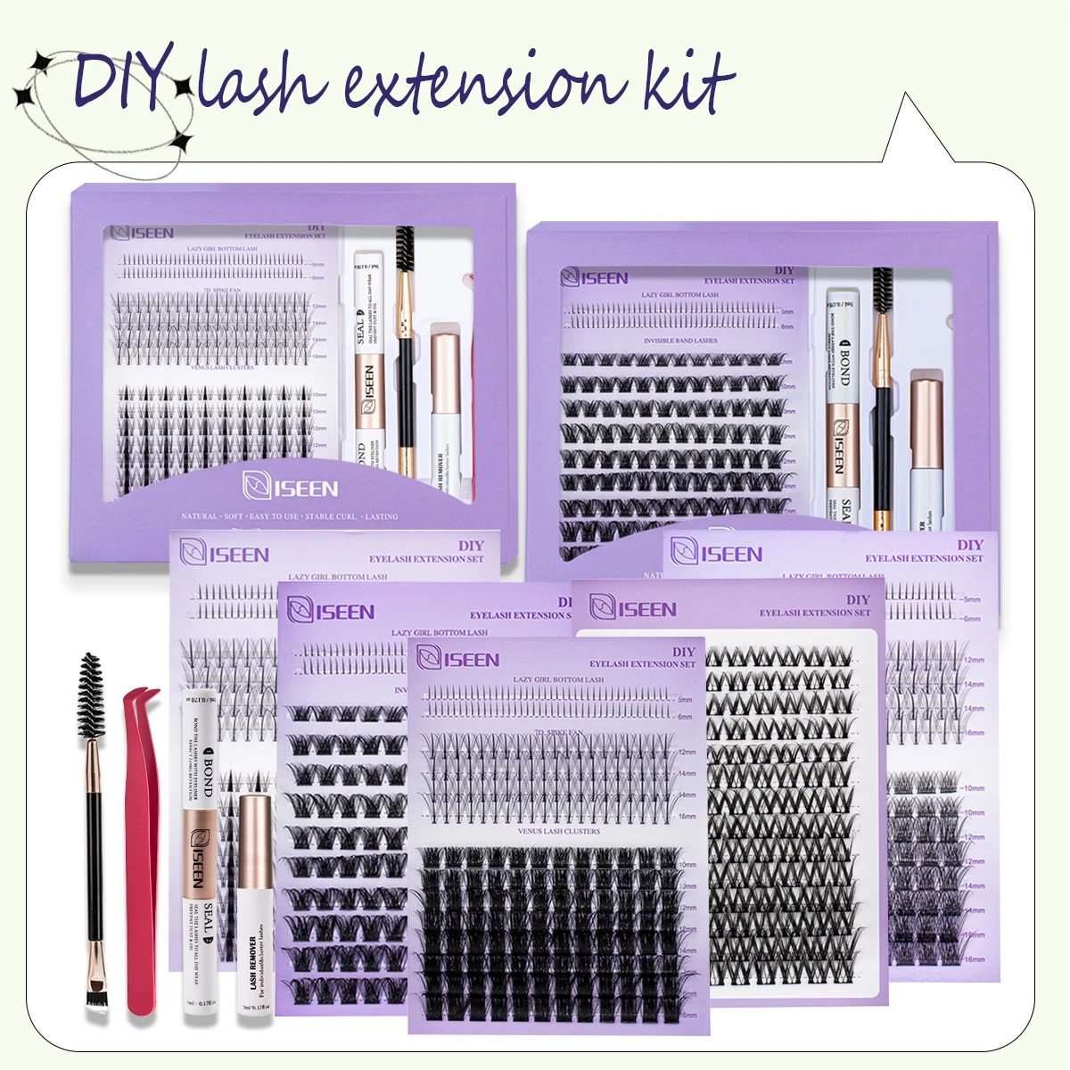 مجموعة أدوات تمديد الرموش DIY مع ربط الرموش والختم وملاقط الرموش وفرشاة ومزيل غراء الرموش