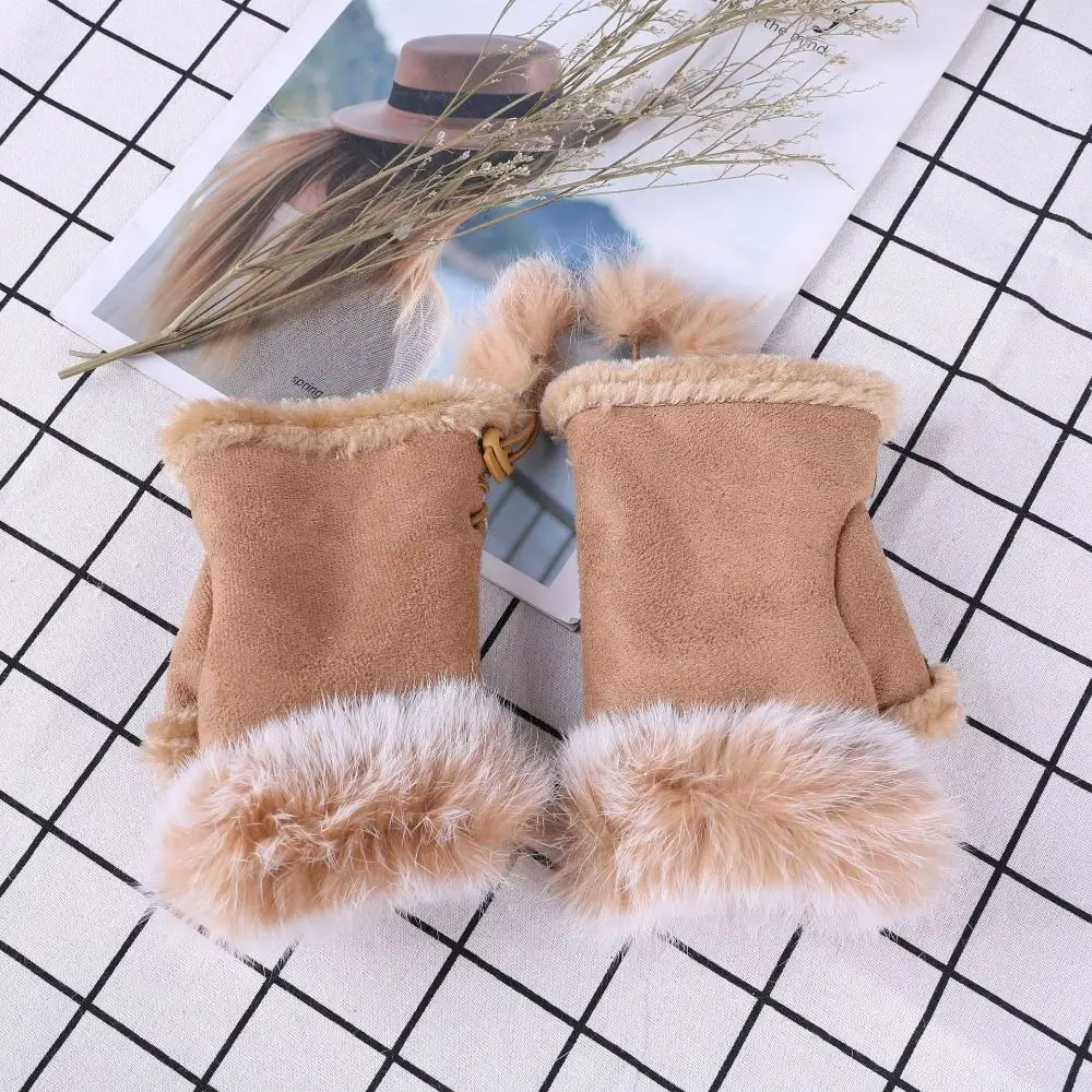 Winter Suede Rabbit Hair Gloves Soft Warm Fingerless Mittens Windproof Thicken Gloves Women Girls
