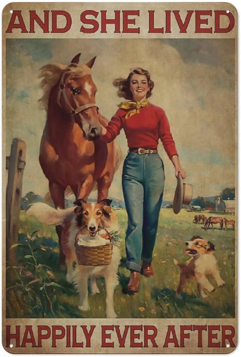 Mocozim Metal Tin Retro Sign- Vintage Girl with Horse and Dogs Metal Poster, She Lived Happily Ever After Metal Poster, Vintage