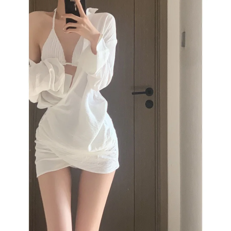 Ensemble de Bikini fendu esthétique pour femmes, chemise de plage à manches longues, Protection solaire UV, maillot de bain pour vacances à la plage, printemps chaud