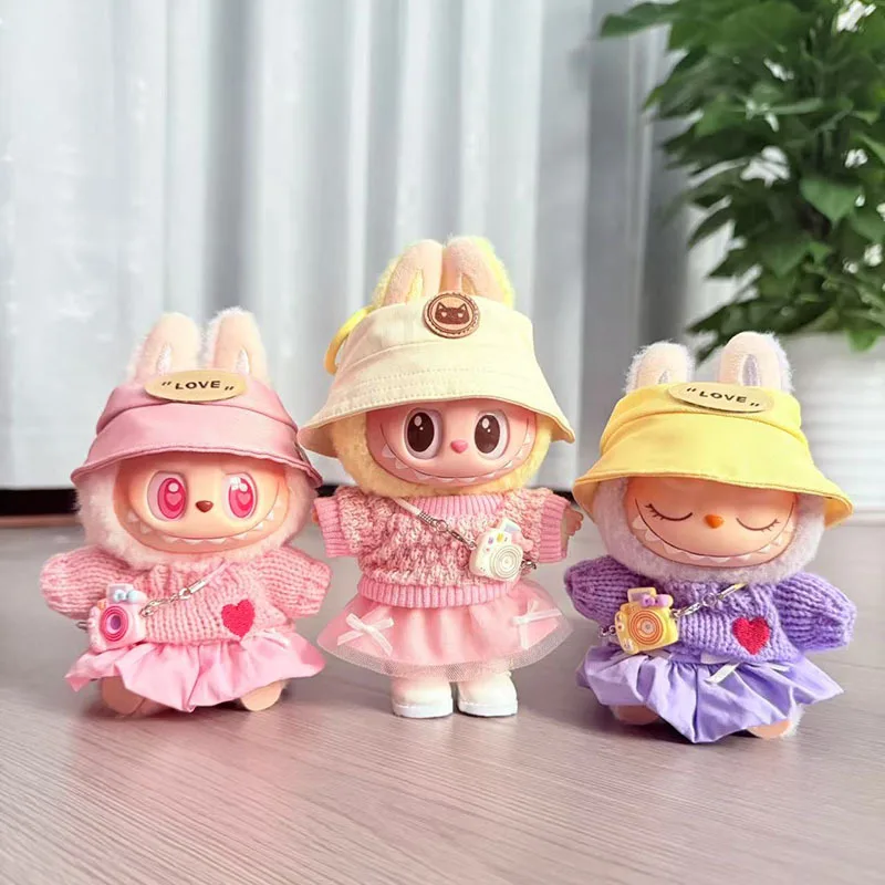 

Labubu 1-3 Gen Keychain Outfits Heart Sweater + Skirt + Cartoon Camera Set Cute Pendant Clothes for Labubu Accessories