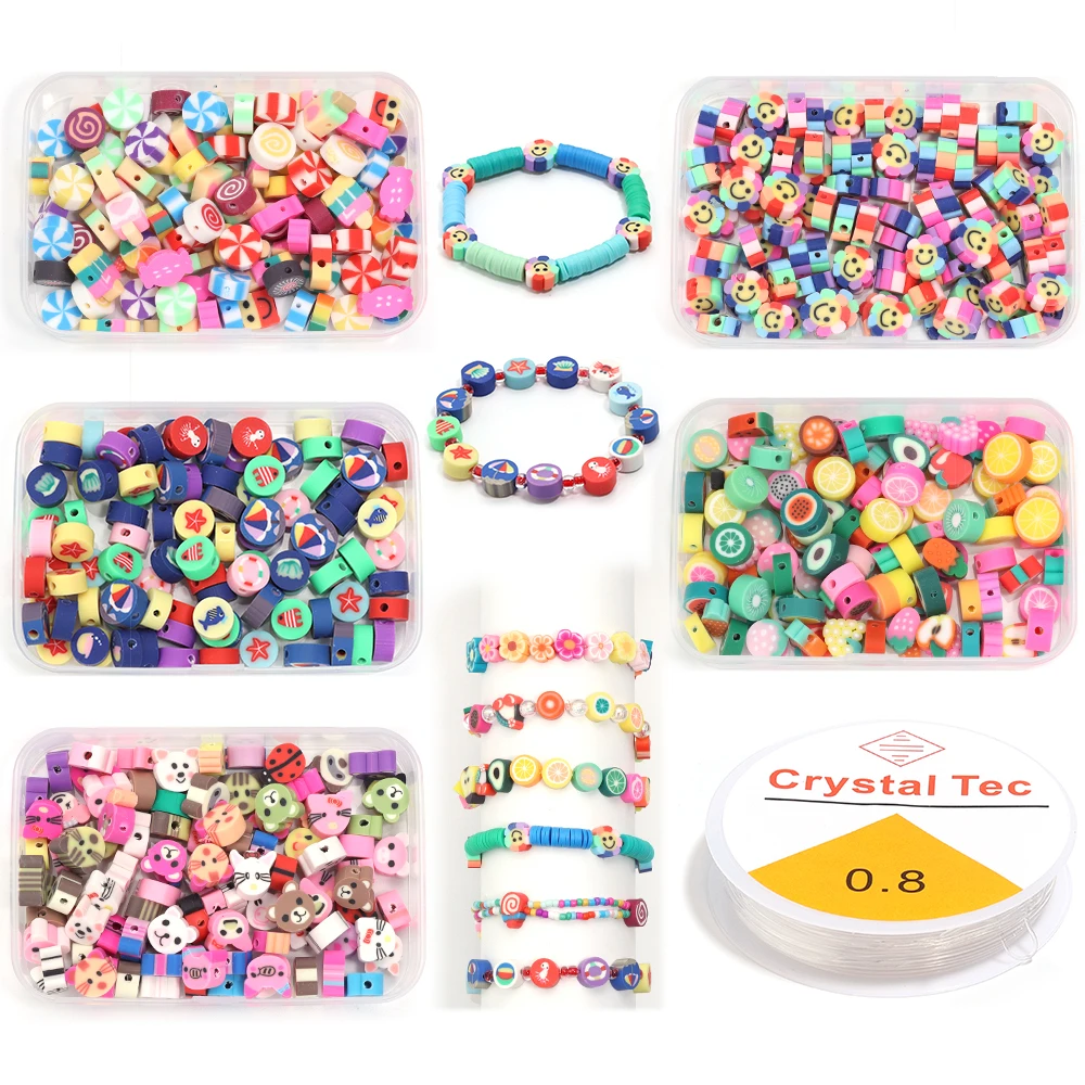 1 box Animal/Sun Flower/Fruit/Cookie/Ocean Soft Ceramic Beads Roll of 0.8mm Elastic Thread For DIY Jewelry Bracelet Accessories