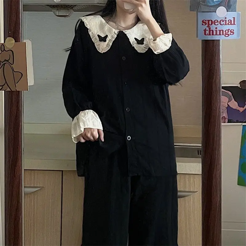 Pajama Sets Women Sleepwear Ins Korean Peter Pan Collar Long Sleeve Home Black Chic Autumn Full Length Sweet Lovely Female Pjs