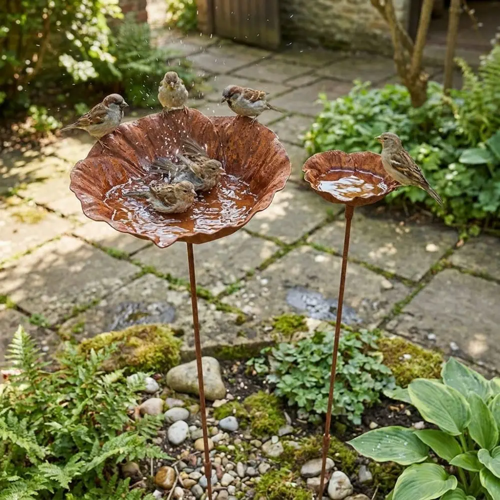 Flower Shape Metal Bird Bath Rusted Vintage Iron Art Bird Water Dispenser Handcrafted Ground Insert Flower Garden Stake