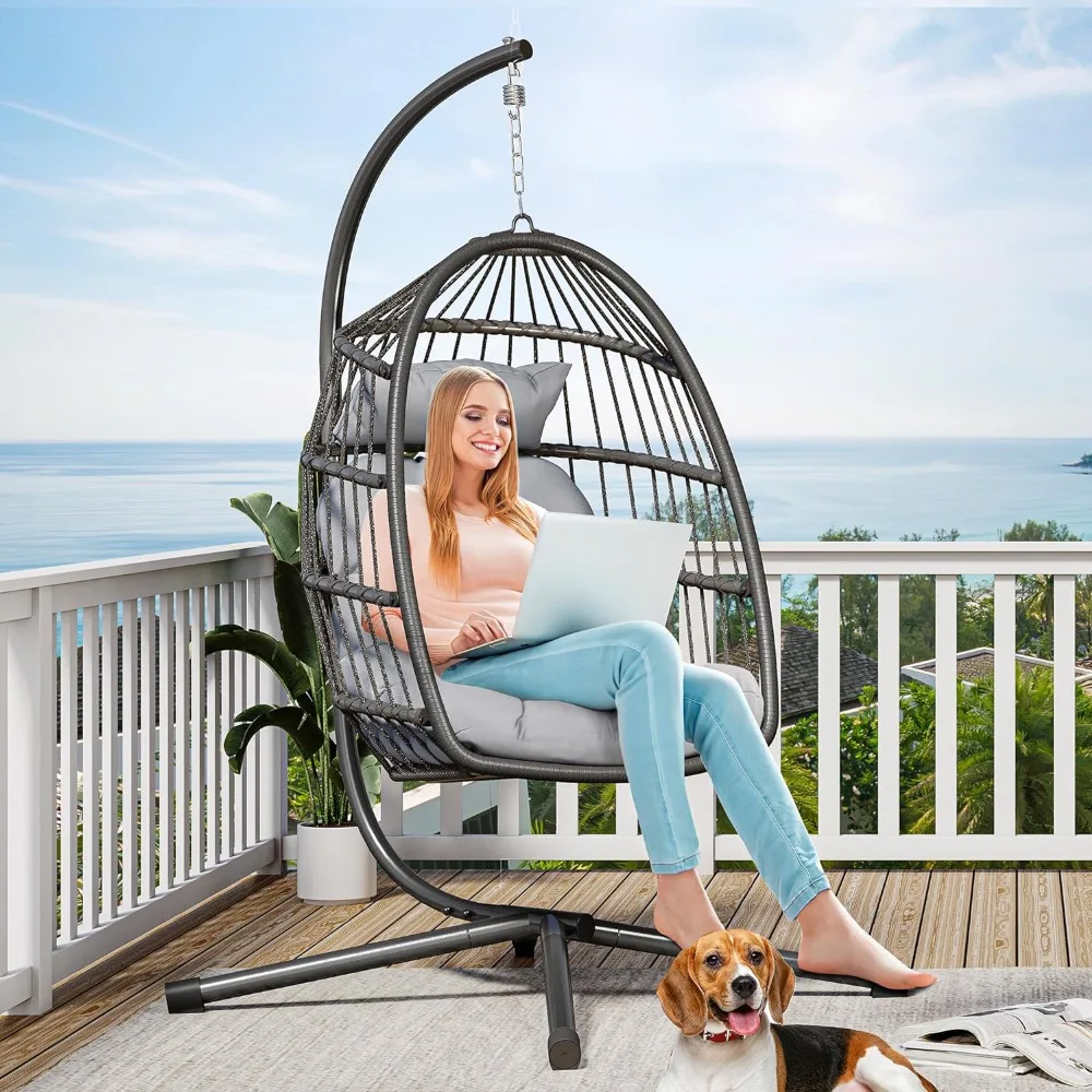 Hanging Egg Swing Chair with Stand, Wicker Indoor Outdoor Hammock Egg Chairs with Cushions 330lbs, Patio Egg Chair