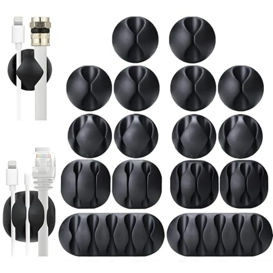 16-Pack Black Cord Organizer - Adhesive Cable Clips Holder for Desk, Wall, Car - Wire Management Clips for iPhone Charger, USB,