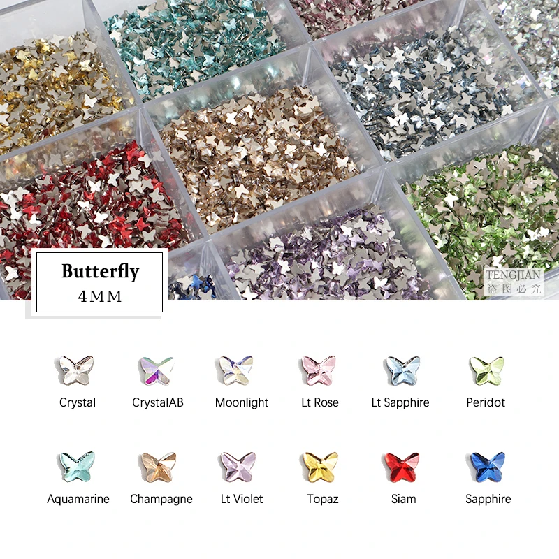 Mini Butterfly 4MM 12Color Glass Crystals Flat Back Nail Art Rhinestones Stone DIY Manicure Decorations Diamond 30/100pcs