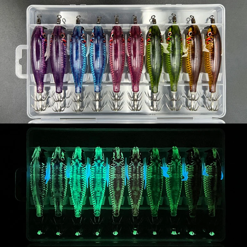ShareShark 10 Stück/Box 5,6g Leuchtende Horizontale Garnelen-Tintenfischhaken-Köder-Set Geeignet für Meeresangeln auf Tintenfische und Oktopus – Detail 7