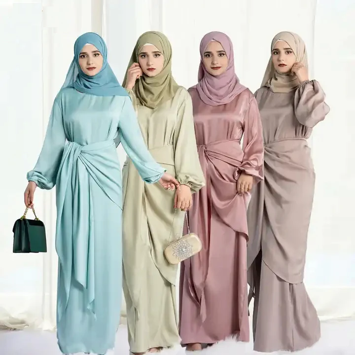 

Ramadan 2 Piece Silky Satin Abaya Set Muslim Arabic Long Hijab Dress Wrap Front Skirt Women Dubai Modest Matching Outfit Kaftan