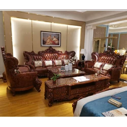 European-style Leather Sofa Luxury Imported Solid Wood Double-sided Carved High-end Villa Large Apartment Furniture Living Room