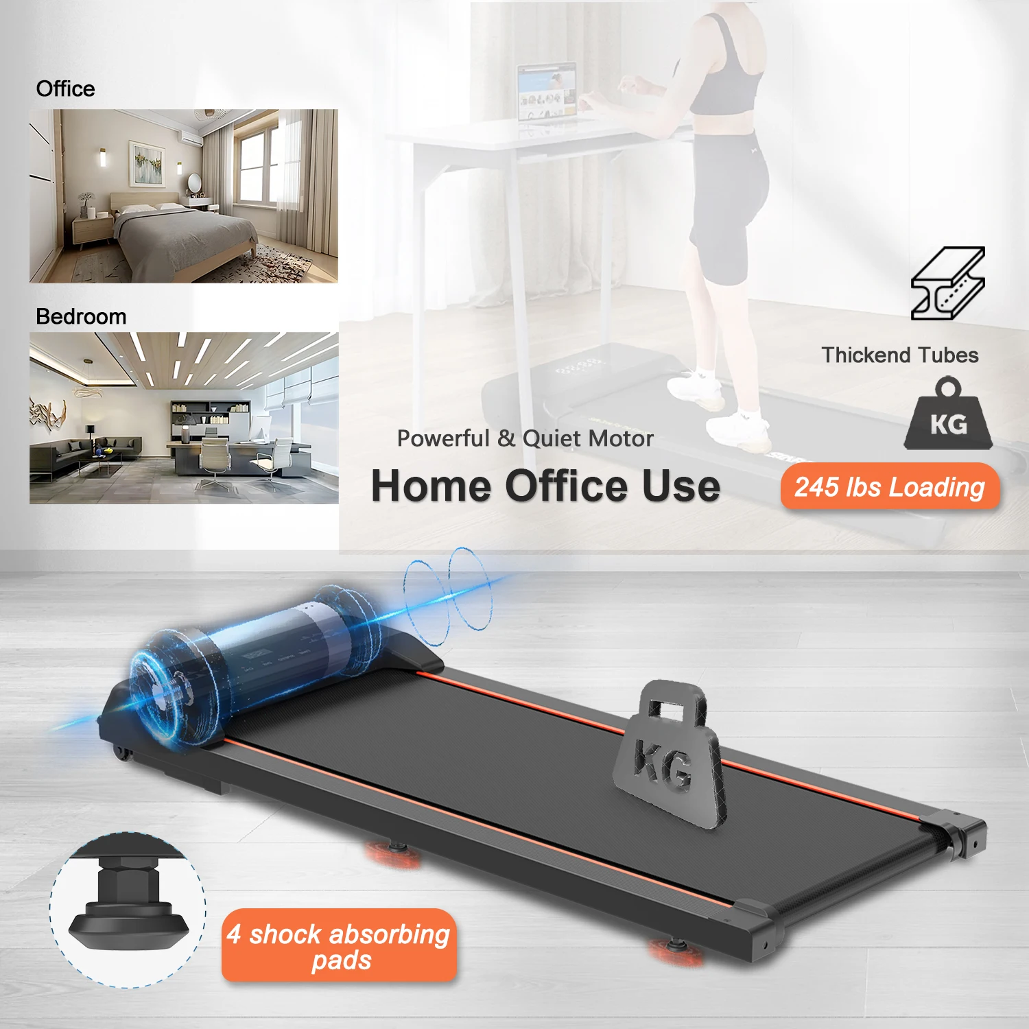 2.5HP Portable Walking Pad Under Desk Treadmill, Running Machine for Home Office with LED Display and Remote Control 265lbs