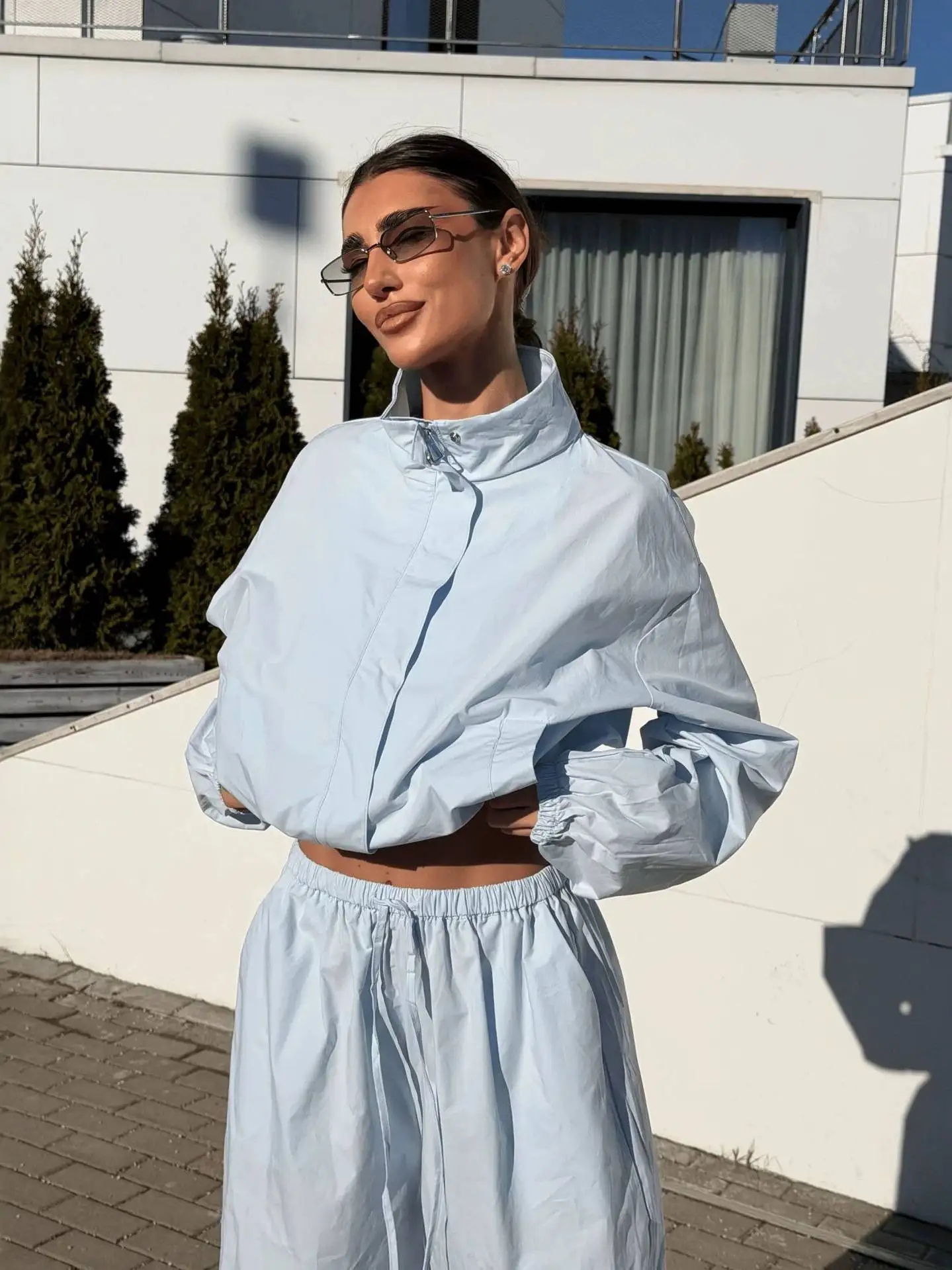 2026 New Women's Casual Sportswear Set Loose Stand Collar Short Zipper Open Cardigan Wide Leg Pants Summer Fashion Europe Style