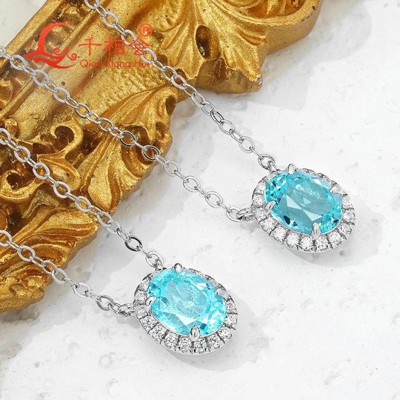 6x8mm 8x10mm oval S925 Sterling Silver YAG Created Neon Blue/Green Paraiba with Moissanite Halo Pendant Necklace Jewelry Women view 5