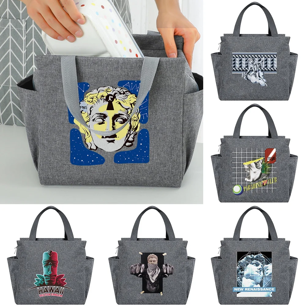Lightweight Canvas Insulated Lunch Bag Sculpture Pattern Tote Bag Storage Handbag with Side Pocket for Food Box