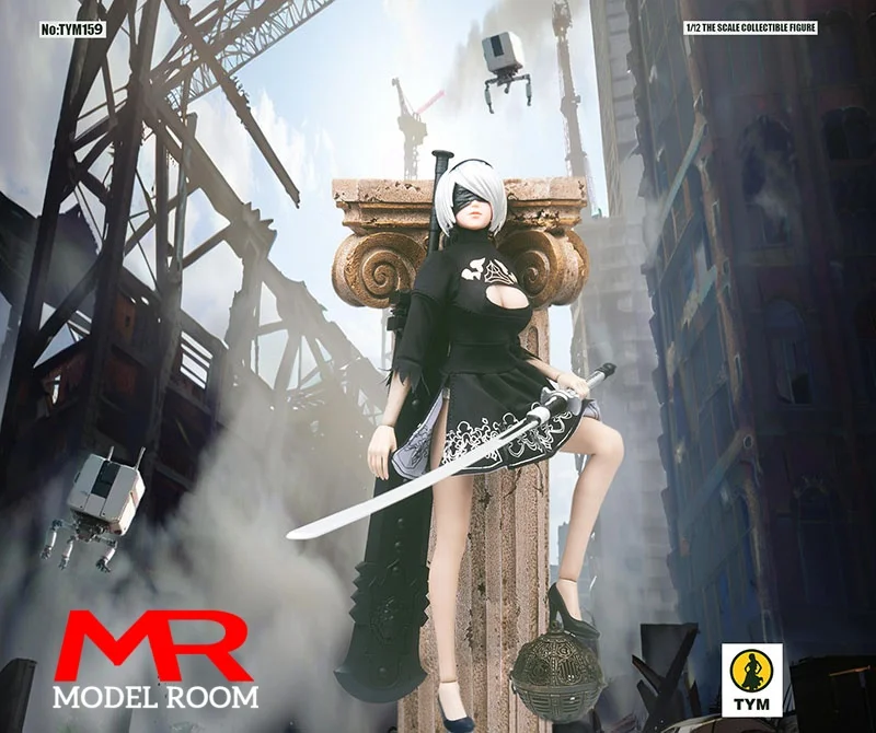 TYM159 1/12 2B Girl White Black Dress Head Sculpt Knife Model Cosplay Clothes Props Fit 6'' Female Soldier Action Figure Body