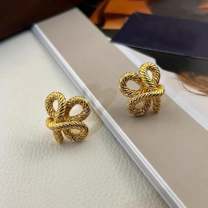 New 925 Sterling Silver Stud Earrings Floral Knot String Gold Color Punk For Women Girl Gift Jewelry Dropshipping Wholesale