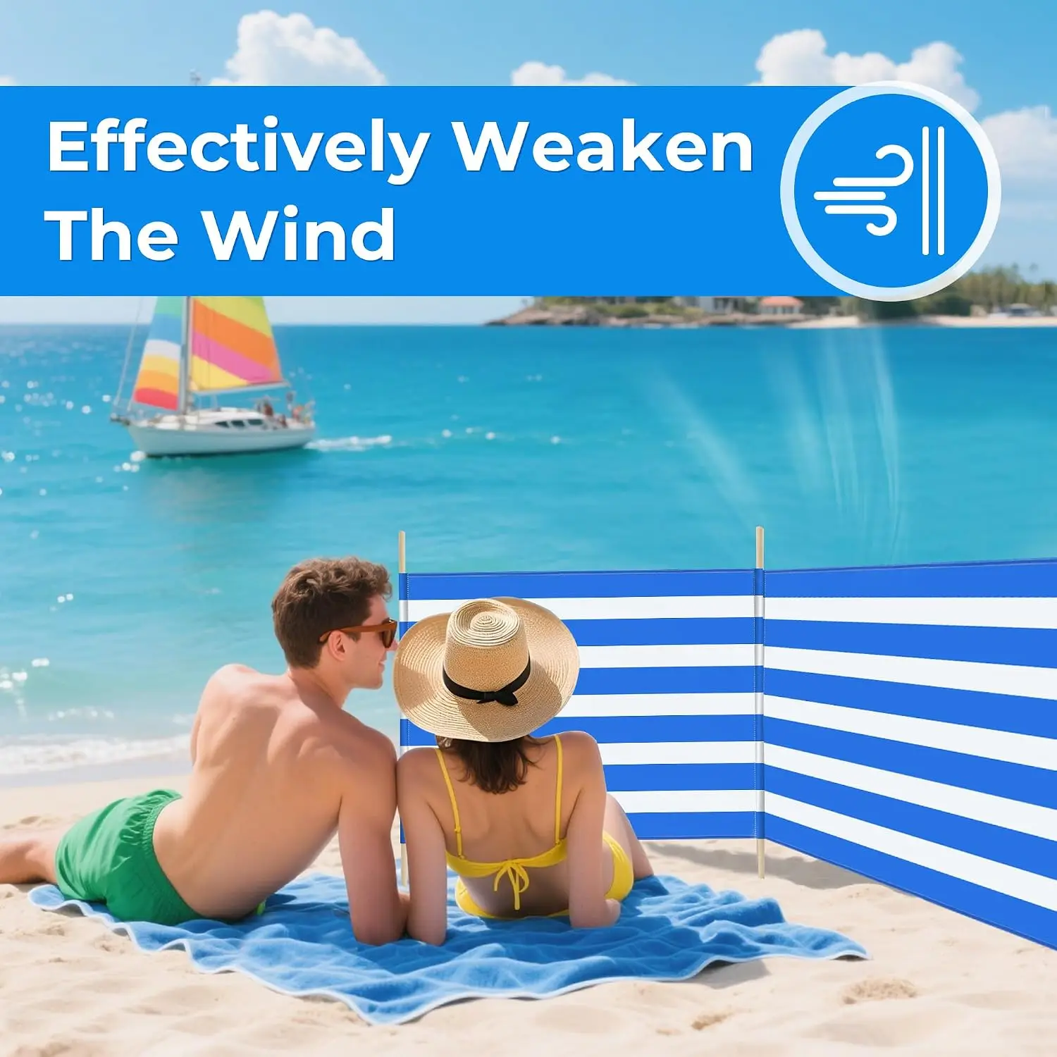 20ft Beach Windscreen Set Blue White Beach Fence Wind Blocker With 6 Hardwood Poles Rubber Mallet Carry Bag Sunbathing Privacy Screen Sand Protection Blue White view 4