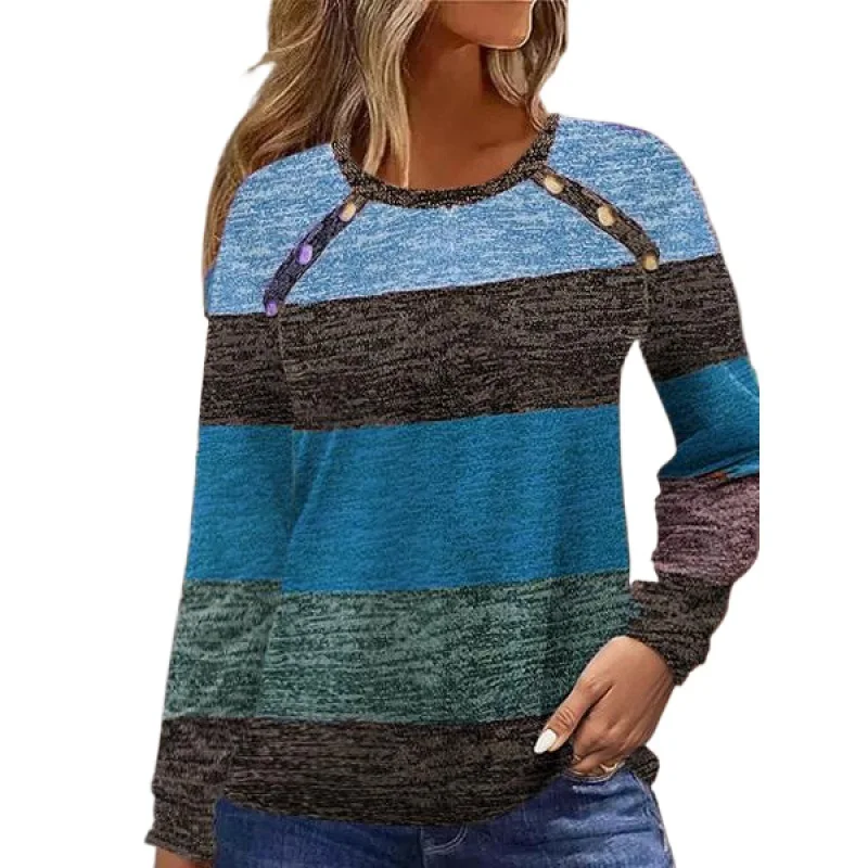 

Autumn Winter New Arrival Color Block Printed Button Long Sleeve Round Neck T-Shirt Women