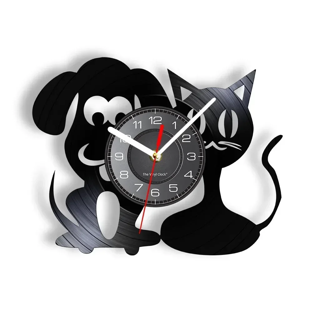 Cat and Dog Art Vinyl Record Wall Clock Pet Clinic Wall Decoration Retro Clock Pet Hospital Veterinary Gift Art Wall Watch
