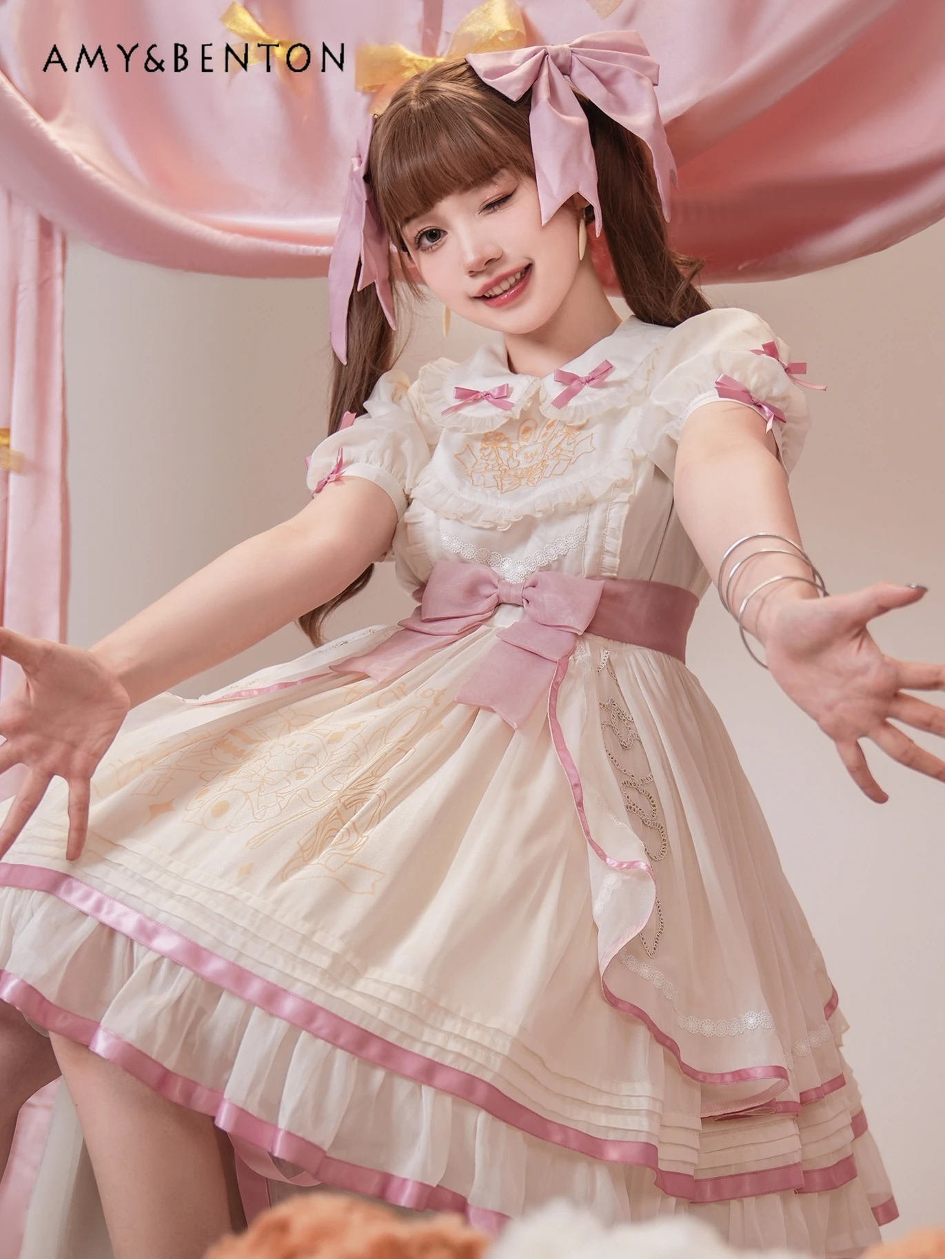 

Sweet Daily Lolita Dresses Cute Bow Lace Up Slim Fit Peter Pan Collar Short Sleeve Y2K Summer Dress Japanese Kawaii Sexy Dress