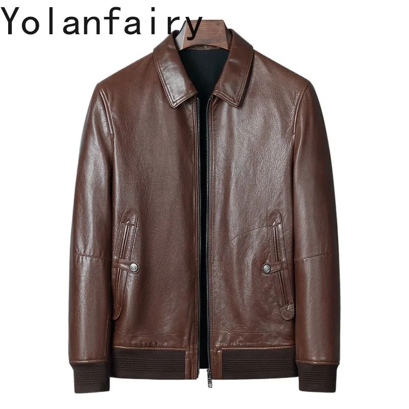 

YOLANFAIRY High Quality Oil Waxed Goatskin Leather Jacket Men Fashion Real Leather Jackets Man Short Brown Motorcycle Jacket