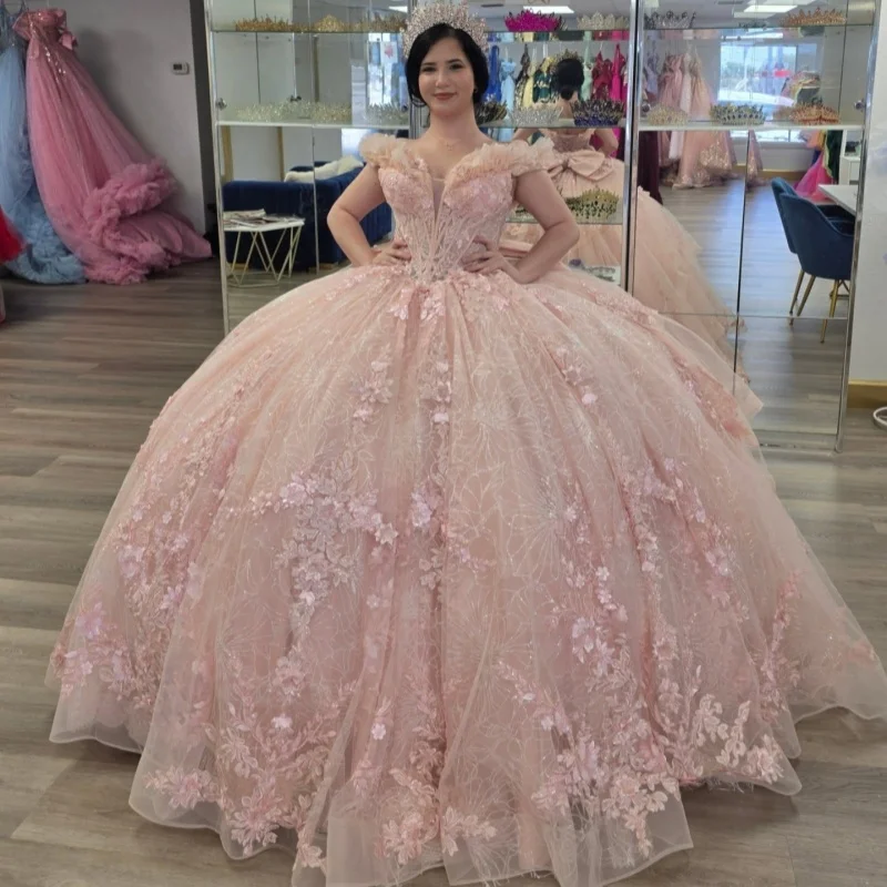

Shiny Pink Quinceanera Dresses Off the Shoulder Glitter Decal Lace 3D Flower Bow Long tail Vestidoe 15 Quinceanera Customize