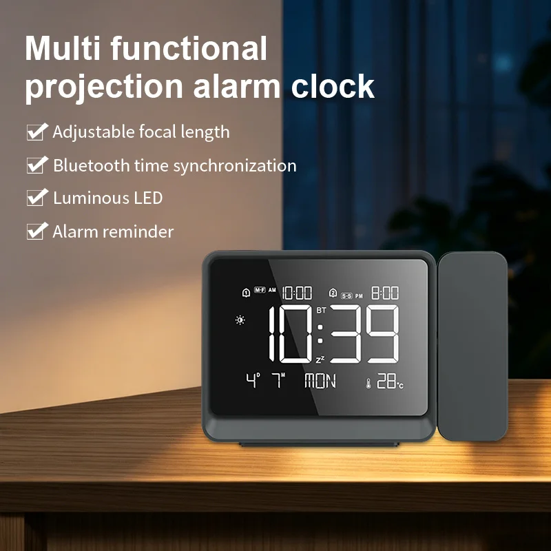 New Projection Clock Bluetooth Timing Alarm Clock Atmosphere Night Light Dual Alarm Clock Time Temperature USB Focus Projection