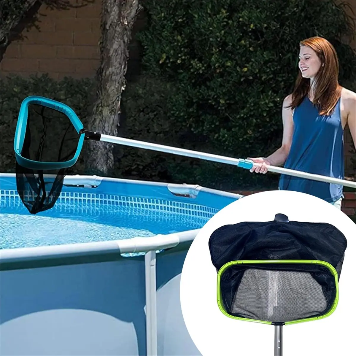 T22C Swimming Pool Leaf Skimmer Net Leaf Skimming Deep Rake Net with Reinforced Frame and Safety Button