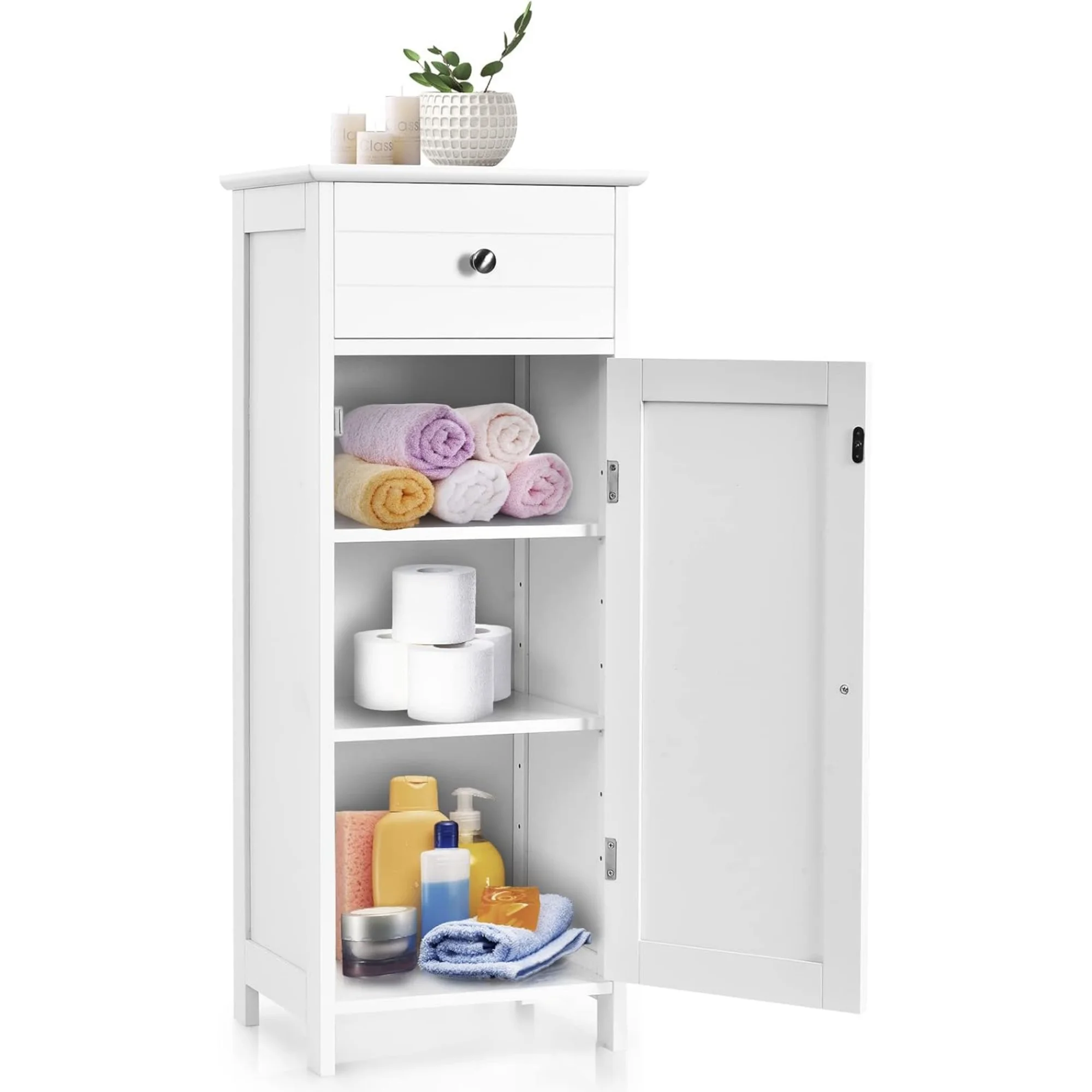 

Bathroom Storage Cabinet, Single Door Floor Cabinet with Drawer and 3-Level Adjustable Shelves, Modern Side Storage Organizer with Anti-Tipping Device for Living Room, Bedroom (White