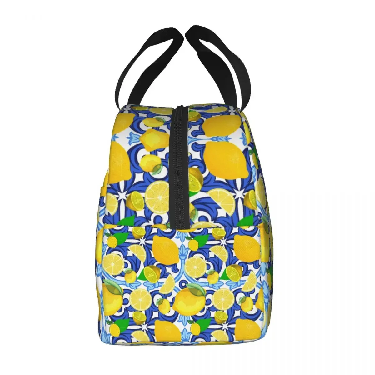 Lemon On Top Of Blue And White Tile Italian Style Insulated Lunch Tote Bag Citrus Fruit Portable Cooler Thermal Food Lunch Box