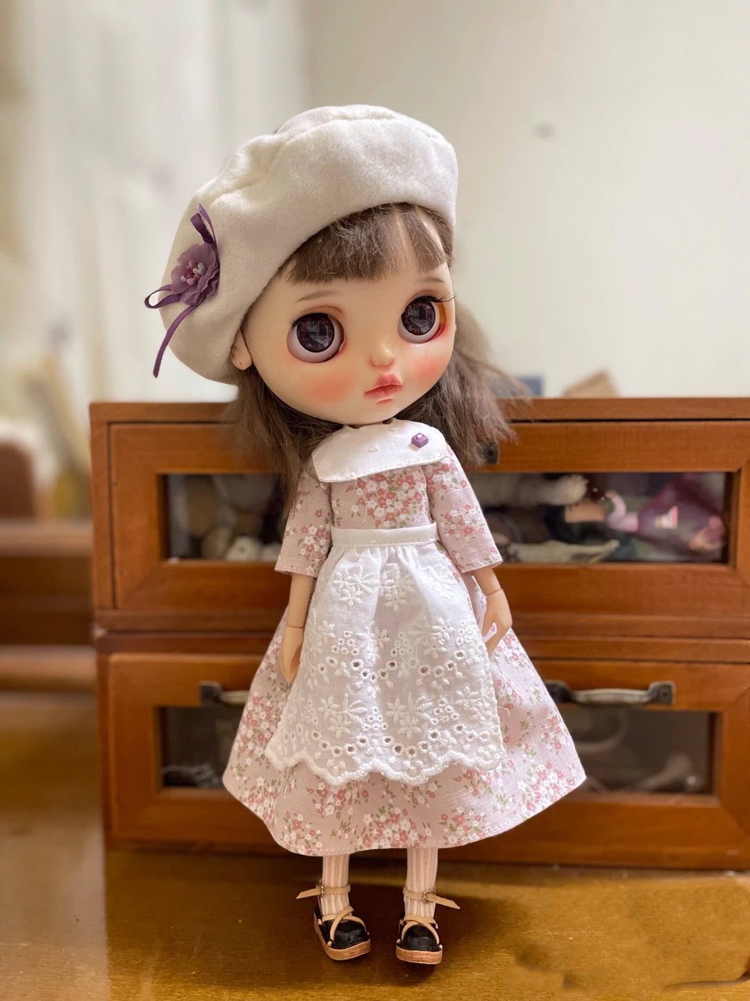 Five piece suit Blythe clothes Vintage Dress Pink Floral Beret skirt 1/6 30cm BJD anime girl (Fit for Pullip,Ob24, Licca)