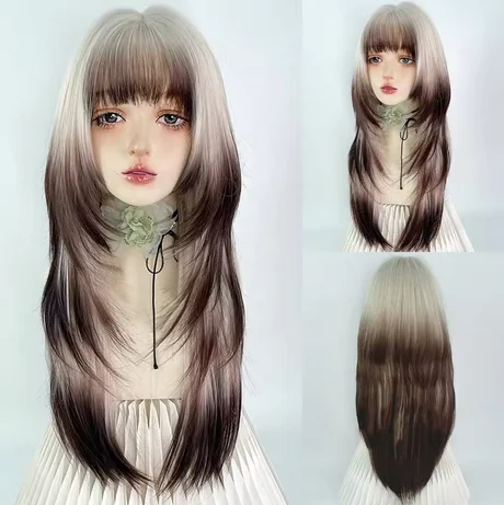 Synthetic Long Layered Ombre Beige Brown Hime cut Wig with Bangs Jellyfish head Fluffy Women Lolita Cosplay Wig for Daily Party