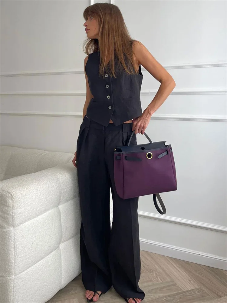 2 Piece-Set Fashion Women Wide Leg Trousers Patchwork High Waist Casual Straight Legg Outfits Vestidos Women's Pants Sets