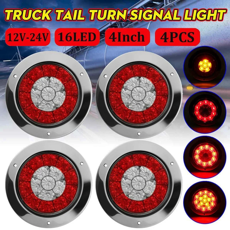 

4Pcs 12-24V 16 LED 4Inch Round Truck Trailer RV Brake Stop Turn Tail Signal Light Red Amber Chrome Waterproof