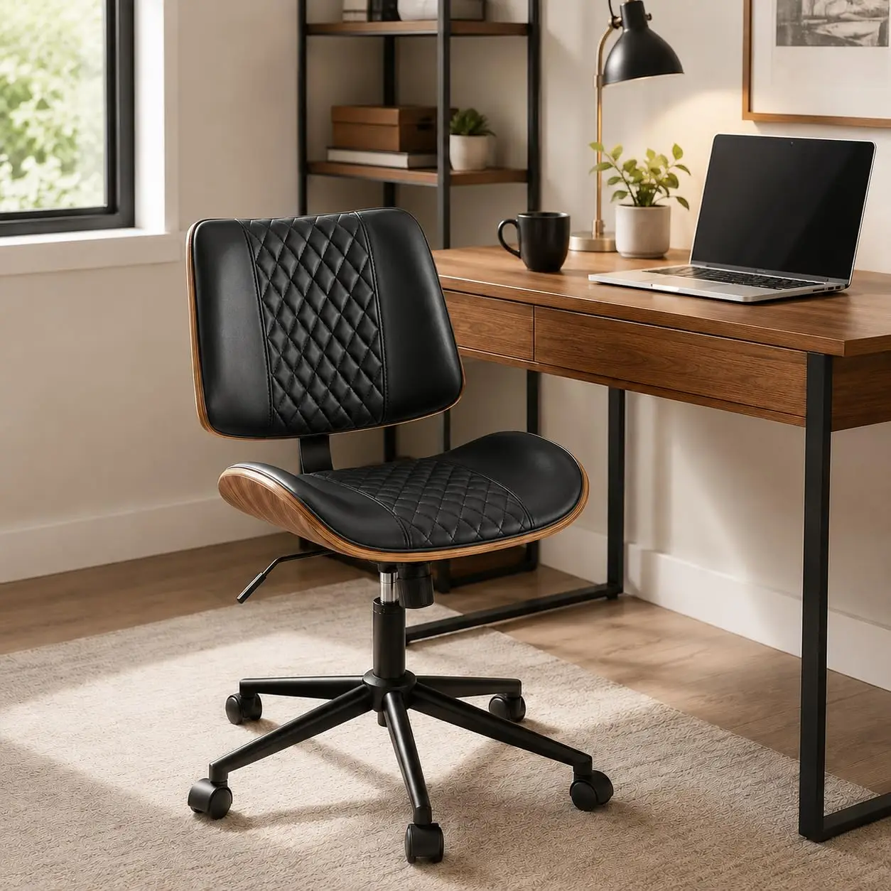 Armless Pu Leather Office Chair, Walnut Style Mid Back Swivel Desk Chair, Adjustable Height Rocking Computer Chair, Home Office