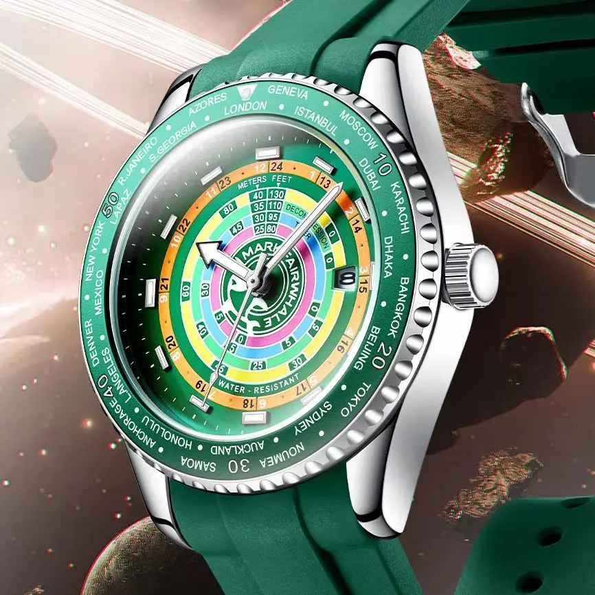 Mark Fairwhale Men Quartz Watch 43mm Pilot Wristwatch Luminous Rainbow Dial World Time Bezel Rubber Strap