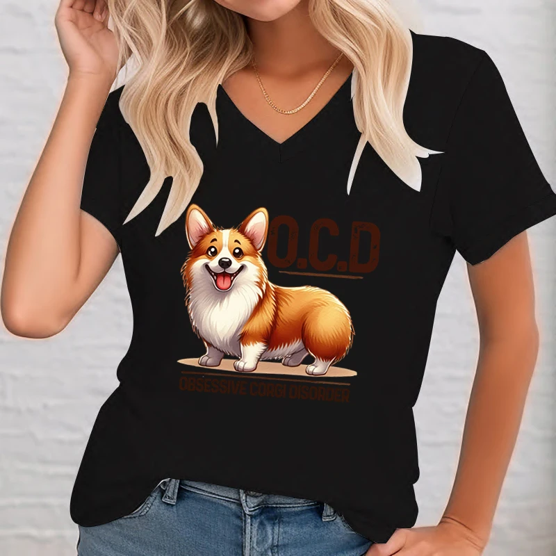 Obsessive Corgi Disorder Print Women's Corgi T-Shirt Funny Casual V-Neck Short Sleeve Tshirt Summer Cute Dog Female OCD Shirt