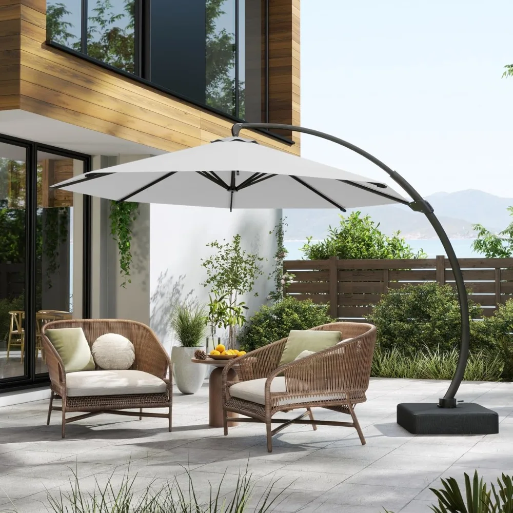 

11FT Cantilever Umbrella, with Base Large Curvy Outdoor Aluminum Offset Umbrella w/ 360° Rotation, UV Resistant Canopy for Patio