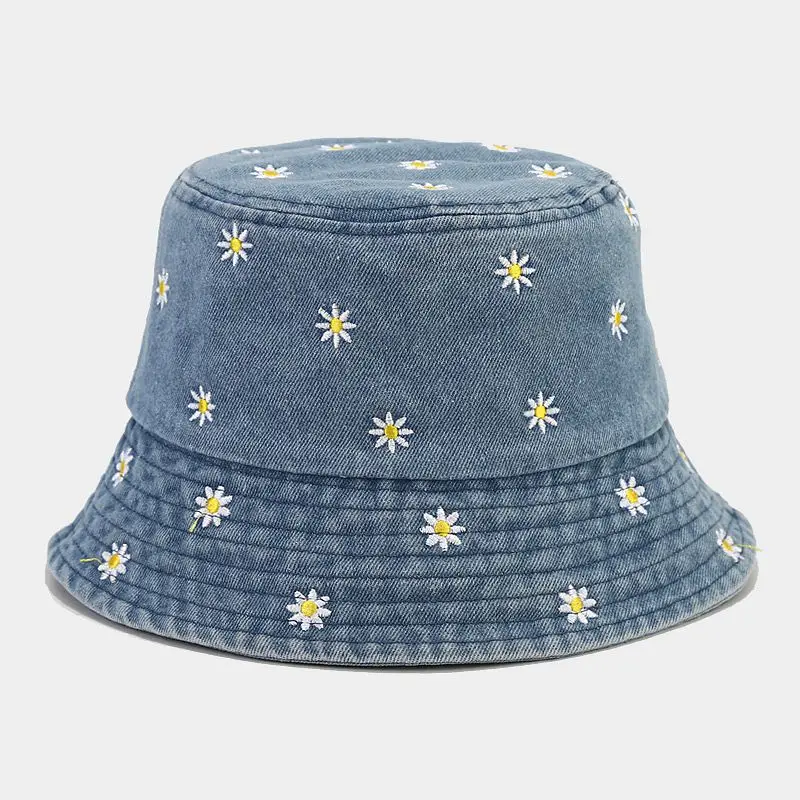 2023 Four Seasons Denim Flower Embroidery Bucket Hat Fisherman Hat Outdoor Travel Sun Cap for Men and Women 181