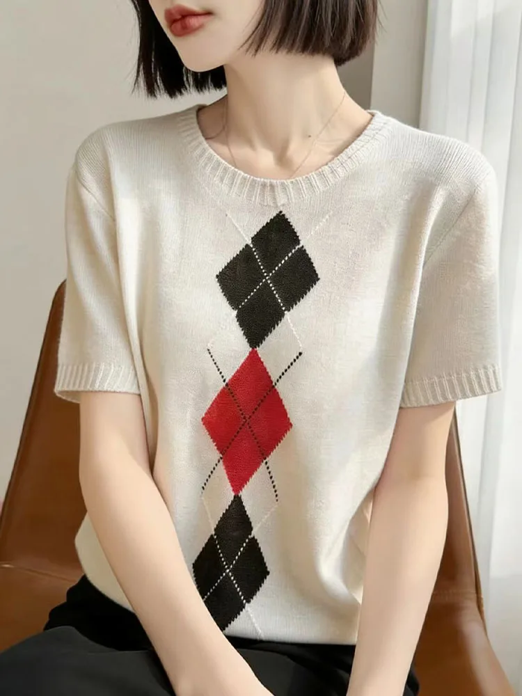 Korean College Style Short Sleeve Knitted Shirt Women Summer Thin Seamless Casual Personality Top T-Shirt Soft Breathable