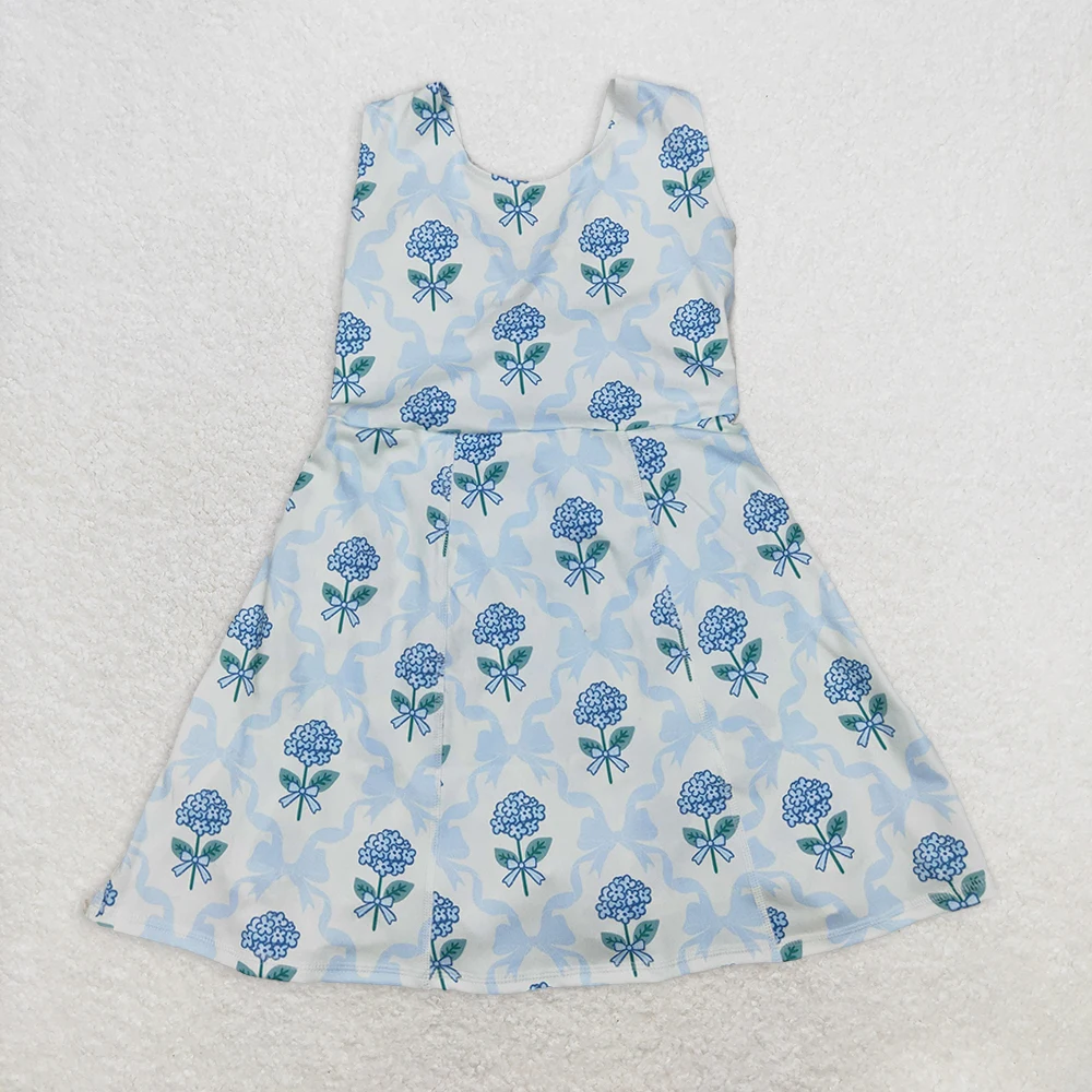 

Baby Girls Sleeveless Athletic Dress Light Blue Floral Bows Tennis Active Wear Comfortable Breathable Baby Girls Outfit
