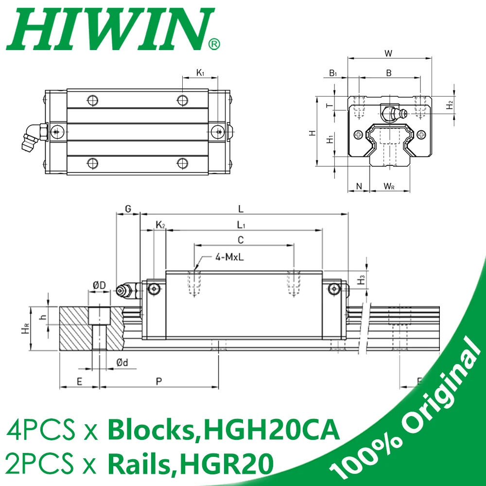 Original HIWIN HGH20CA Carriage Slide Block Linear Guide Rail HGR20 200 300 400 500 600 700 800 900 1000 1100 1200 CNC Router