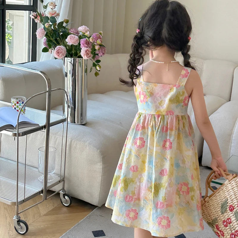 Summer Baby Girls Sleeveless Dress Casual Clothes Cotton Sweet Floral Print Dress For Toddler Infant Children 3 To 8 Years