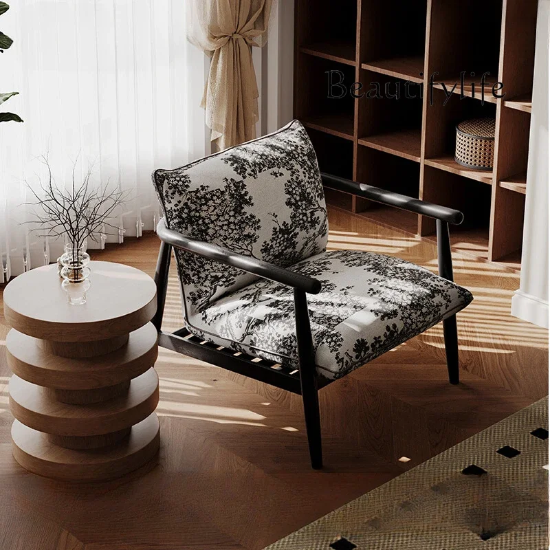 French Retro Designer Model Casual Chair Solid Wood Printed Living Room Sofa Armchair