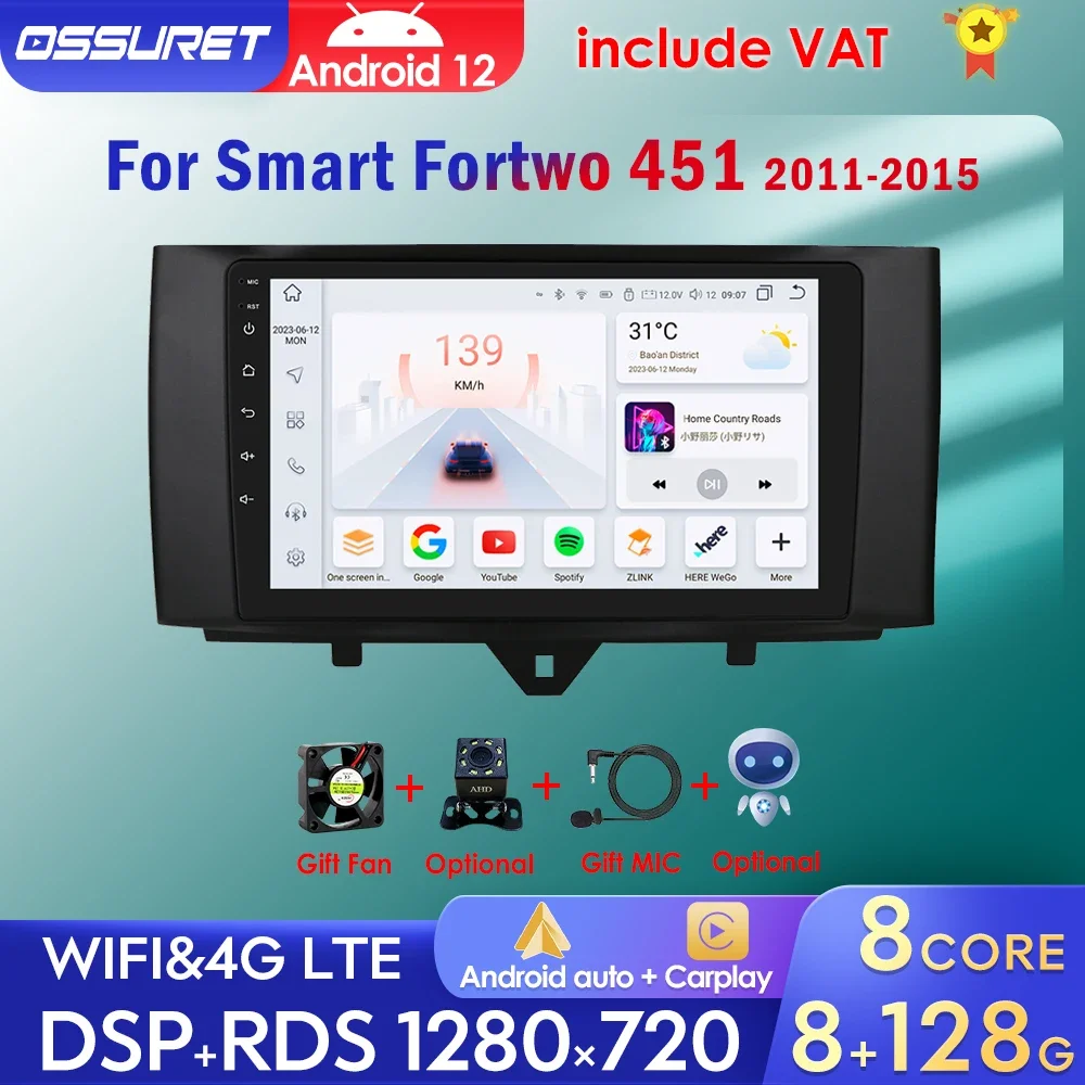 Android Car Radio For Smart Fortwo 451 2011-2015 Wireless CarPlay Android Auto Car Multimedia GPS 2din autoradio Octa Core 7862