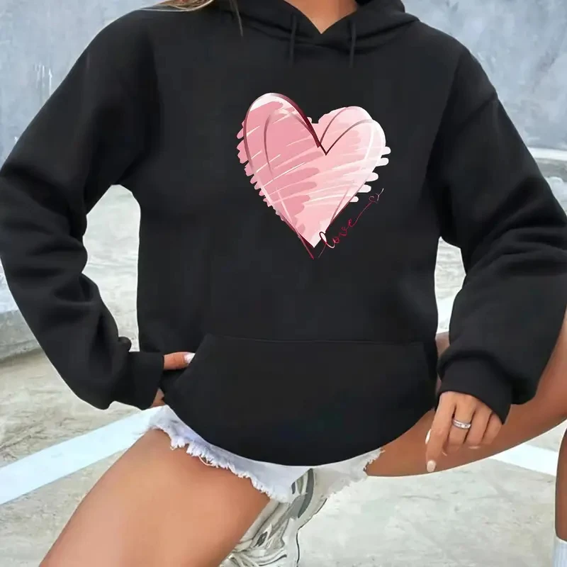 

Теплая и свободная повседневная толстовка с капюшоном и принтом в виде сердца из плотного вельвета, осень-зима 2026