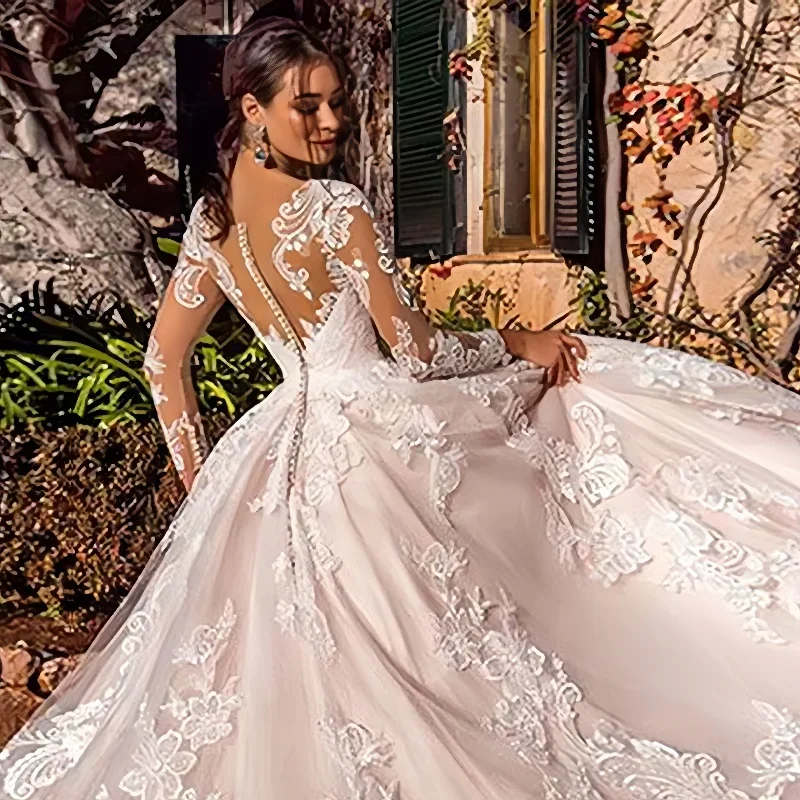 High-end Customzied Lace Sleeves Wedding Dress Appliques Bridal Gown Illusion Sweetheart Tulle A Line Vestidos De Novia